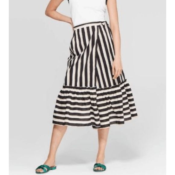 Who What Wear Yellow, Black, White Striped Ruffled Hem Tie Wrap Midi Skirt, Sz 4 - Picture 1 of 9